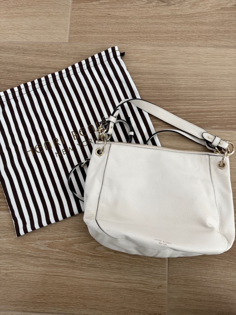 henri bendel White Pebbled Leather Shoulder Bag with Gold Hardware